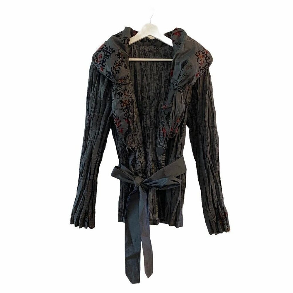 NEW Lindi Women Crinkle Jacket Black Floral Buttons Tie Front Long Sleeve Medium